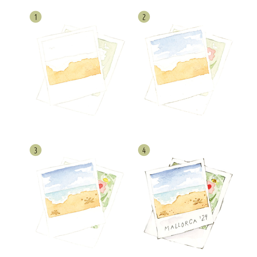 Schritt 1 Anleitung "Polaroids malen" aus dem Buch "3300 Motive – Watercolor" von Mildred Böhnlein, auch bekannt als @live.laugh.paint_